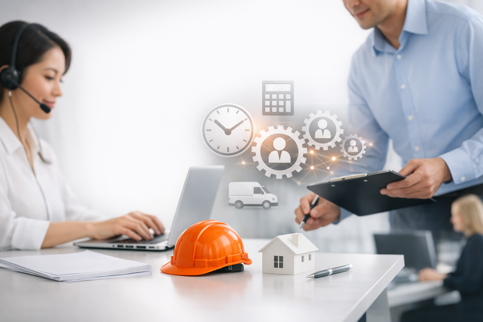 A woman in a headset uses a laptop while a man with a clipboard stands nearby; a hard hat, house model, and icons. Outsourcing trade business admin