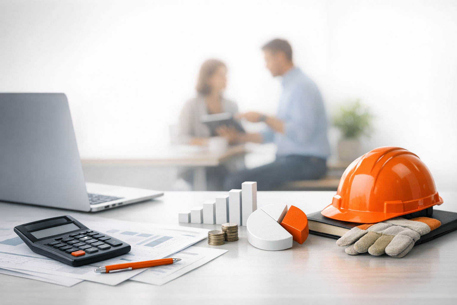 Home 2 A desktop with a calculator, construction helmet, gloves, financial graphs, coins, and a blurred background of two people working on Accounting Programs for Business