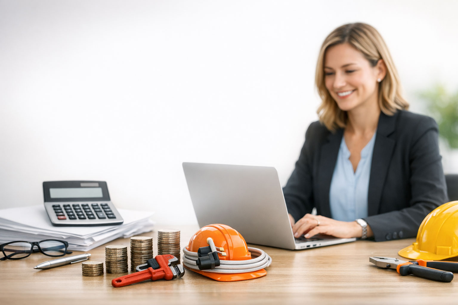 Home 3 A small business bookkeepers in a blazer working on a laptop at a desk with construction helmets, coins, a calculator, and tools